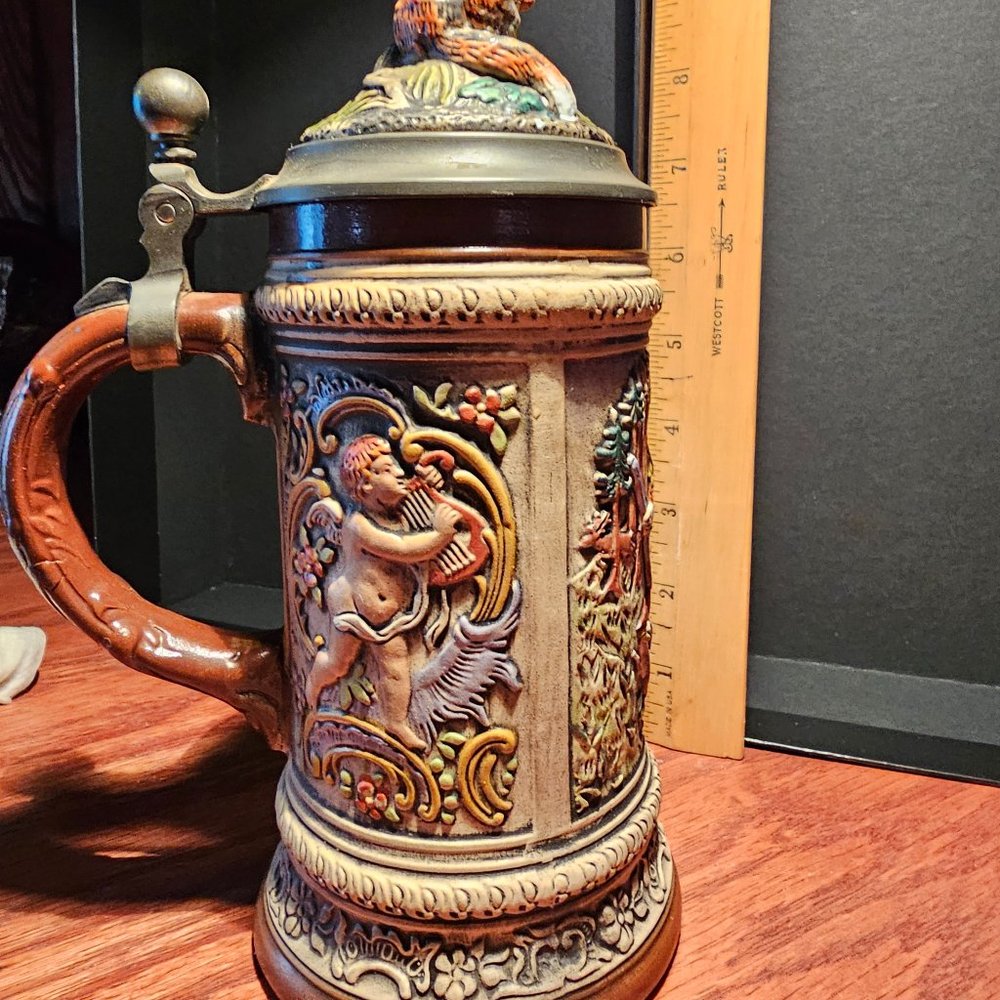 Vintage Old Gerz RARE Fox Hunter West Germany 9" Stein Fox Cherub Figure Lid